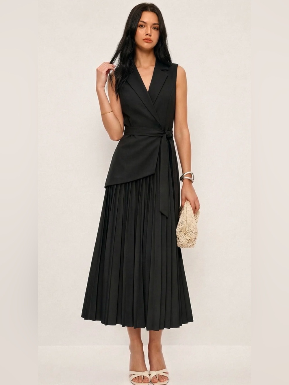 #308 Sleeveless Belted Pleated Blazer Dress